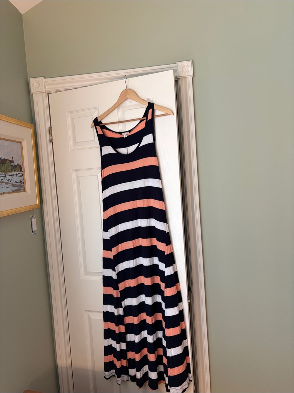GAP Navy, White & Coral Striped Maxi Dress